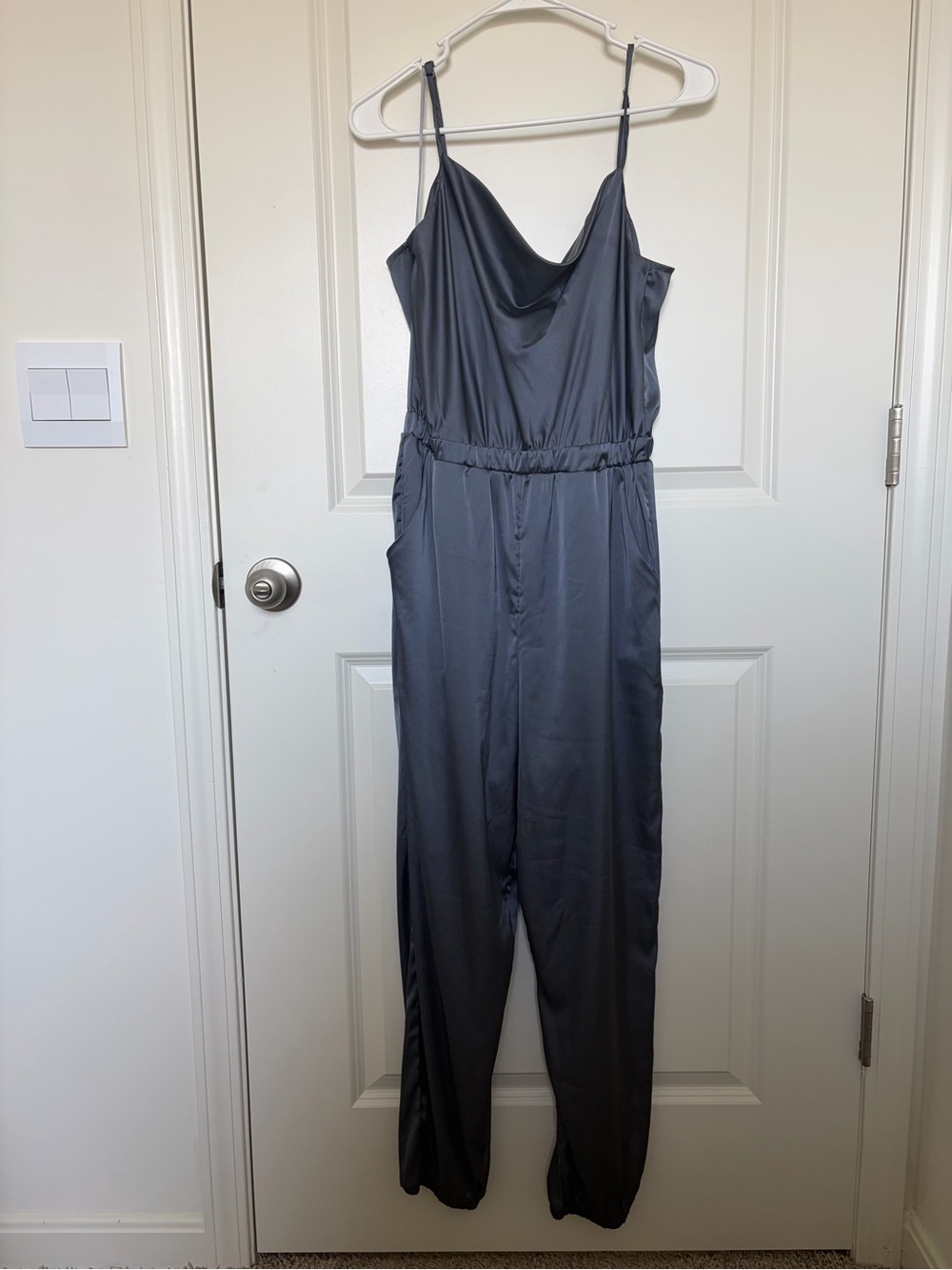 Women’s Dusty Blue Satin Jumpsuit with Cowl Neck